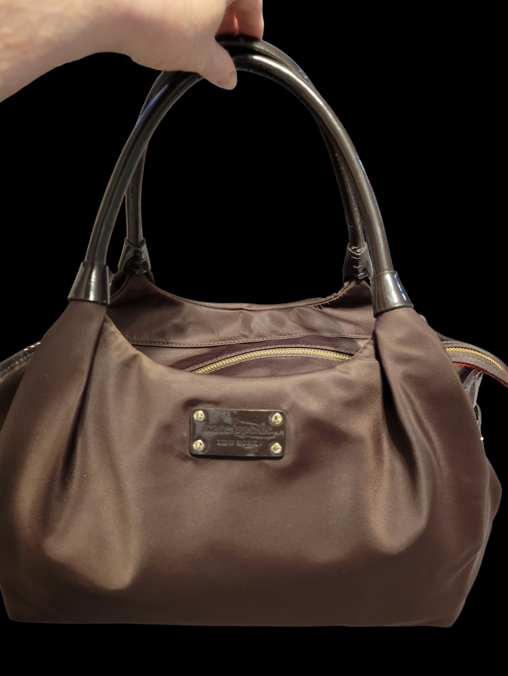 Kate Spade EUC VTG Stevie Basic Nylon/Patent Chocolate Satchel Shoulder Bag